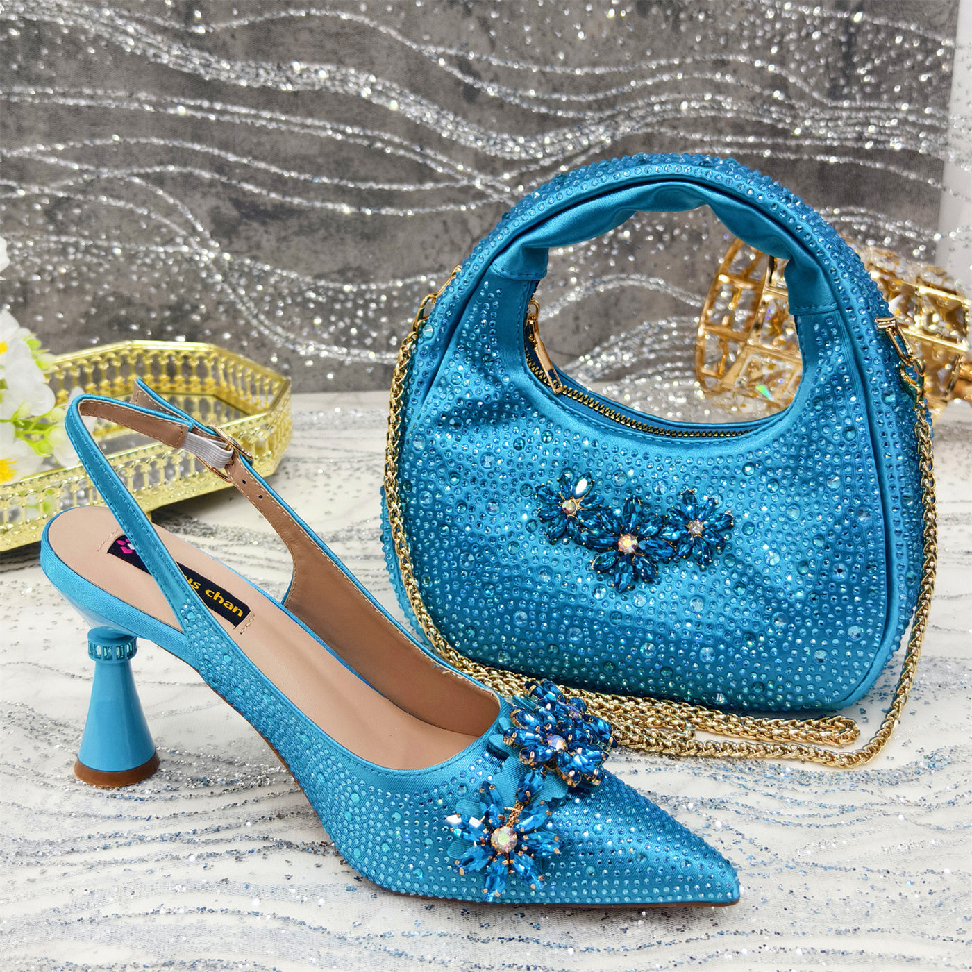 Pointed Toe High Heel Rhinestone Flower Shoes With Handbag Soft