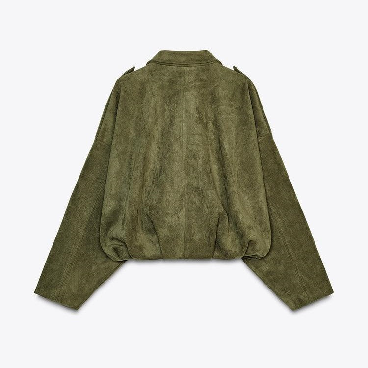 Women's Batwing Sleeve Lapel Suede Texture Effect Pilot Jacket