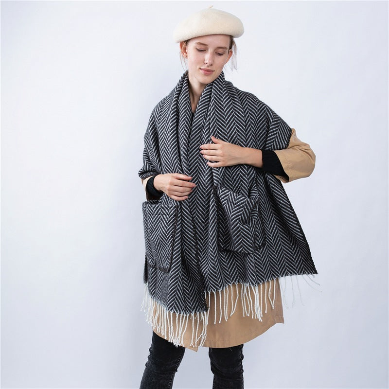 Herringbone Fringe Pocket Shawl Scarf Women