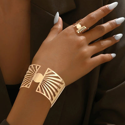 14K Gold Plated Golden Radiance  Adjustable Geometric Ring And Cuff Set