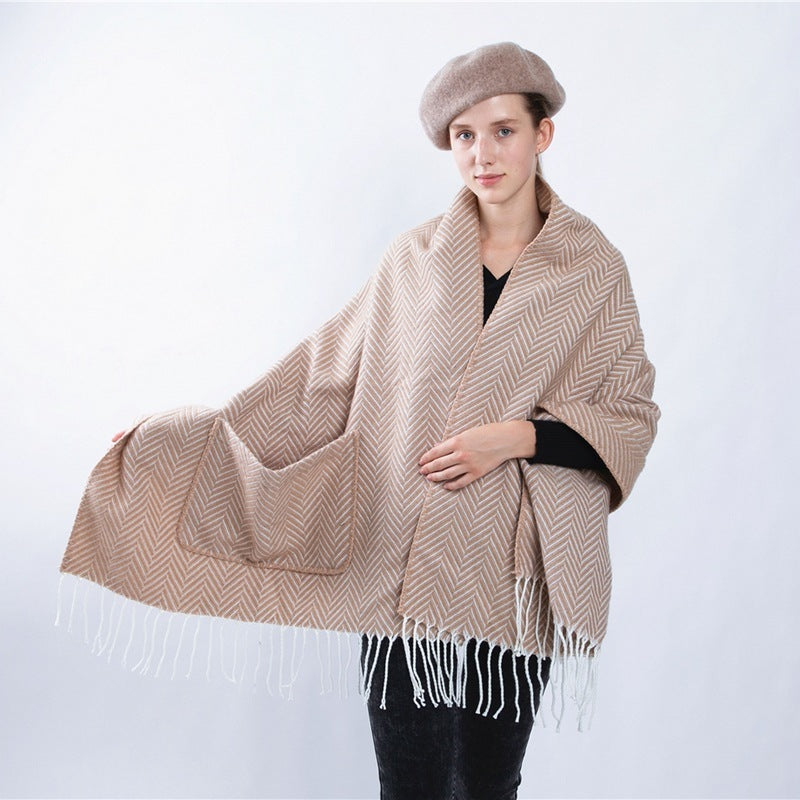 Herringbone Fringe Pocket Shawl Scarf Women