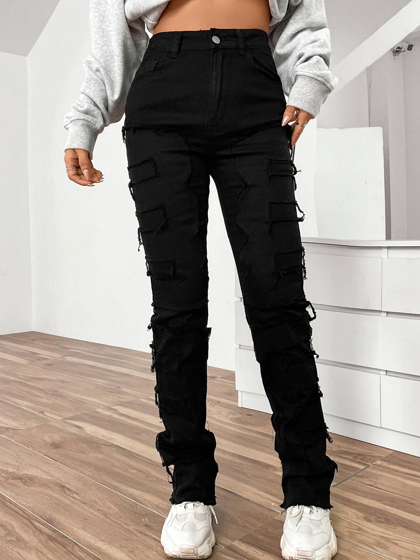 Women's Embroidered Straight-leg Pants Fashion I Stretch Patchwork Jeans