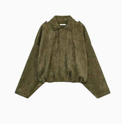 Women's Batwing Sleeve Lapel Suede Texture Effect Pilot Jacket