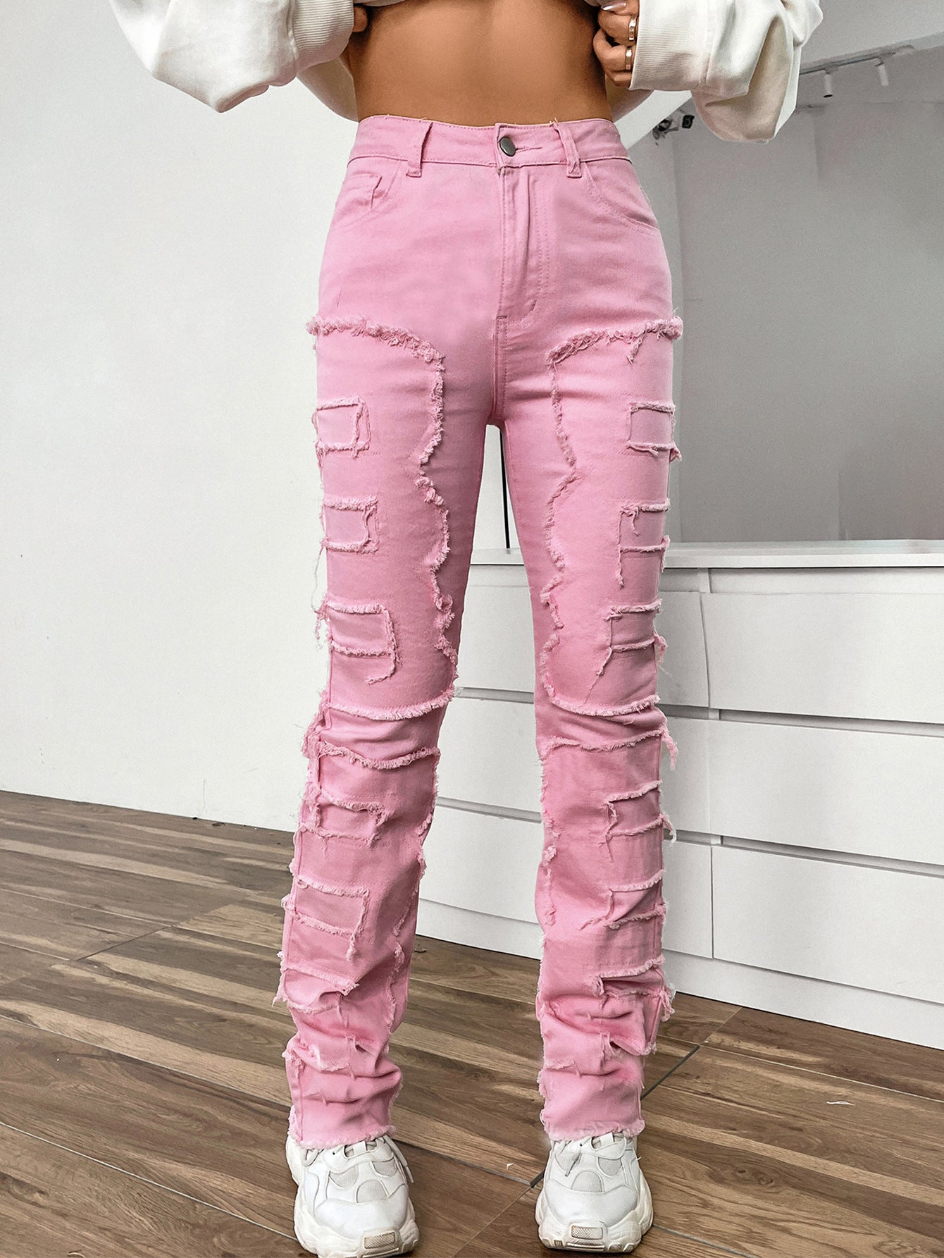 Women's Embroidered Straight-leg Pants Fashion I Stretch Patchwork Jeans