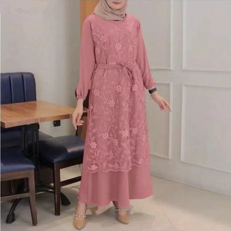 Muslim Round Neck Lace Floral Dress