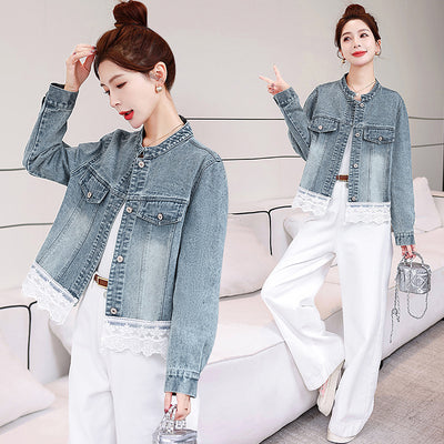 Denim Coat Female Lace Stitching Coat