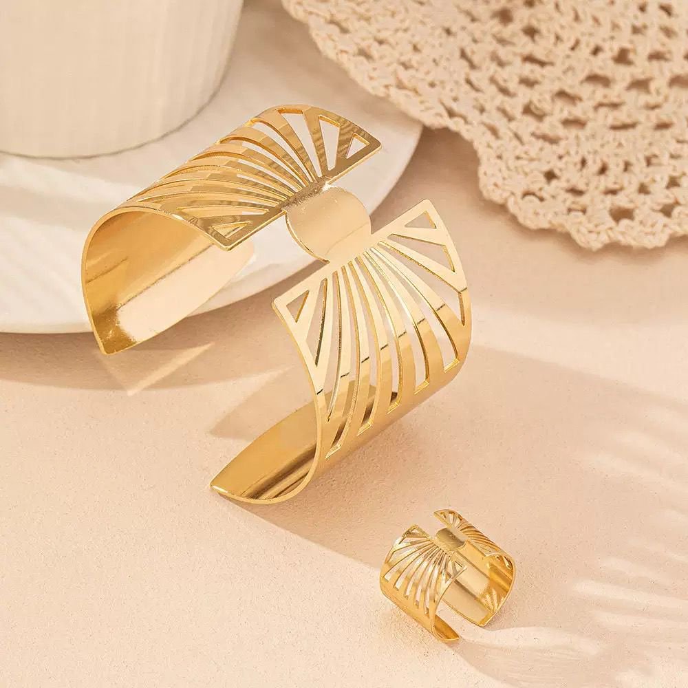 14K Gold Plated Golden Radiance  Adjustable Geometric Ring And Cuff Set