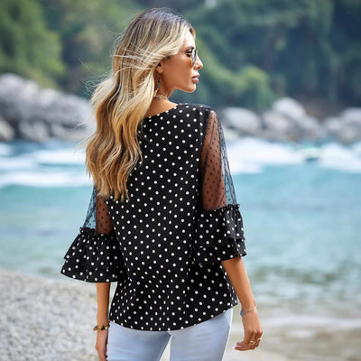 European And American Loose Casual Bell Sleeve Polka Dot Lace Patchwork Round Neck Top