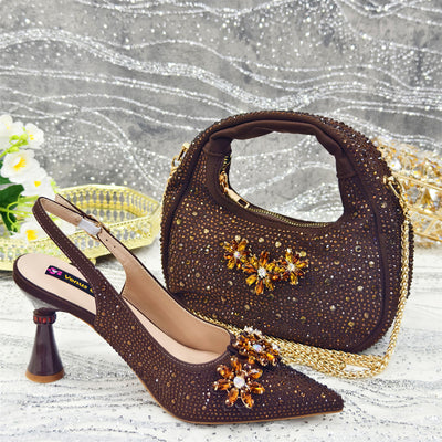 Pointed Toe High Heel Rhinestone Flower Shoes With Handbag Soft