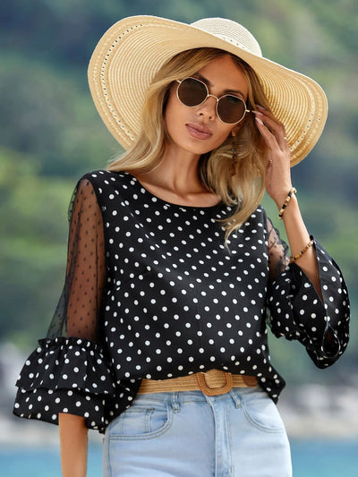 European And American Loose Casual Bell Sleeve Polka Dot Lace Patchwork Round Neck Top