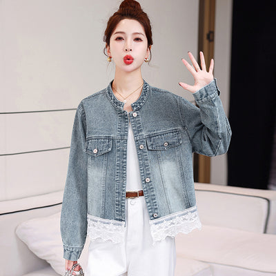 Denim Coat Female Lace Stitching Coat