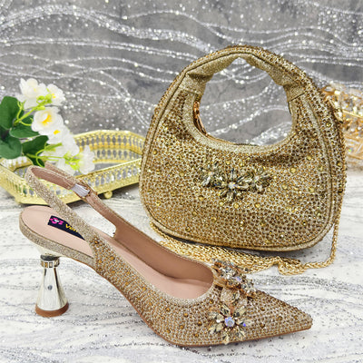 Pointed Toe High Heel Rhinestone Flower Shoes With Handbag Soft