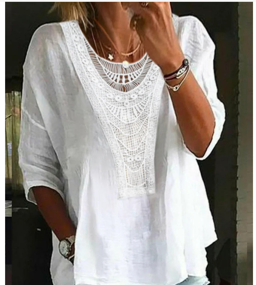 Women's Long-sleeved Lace Patchwork Round Neck Shirt