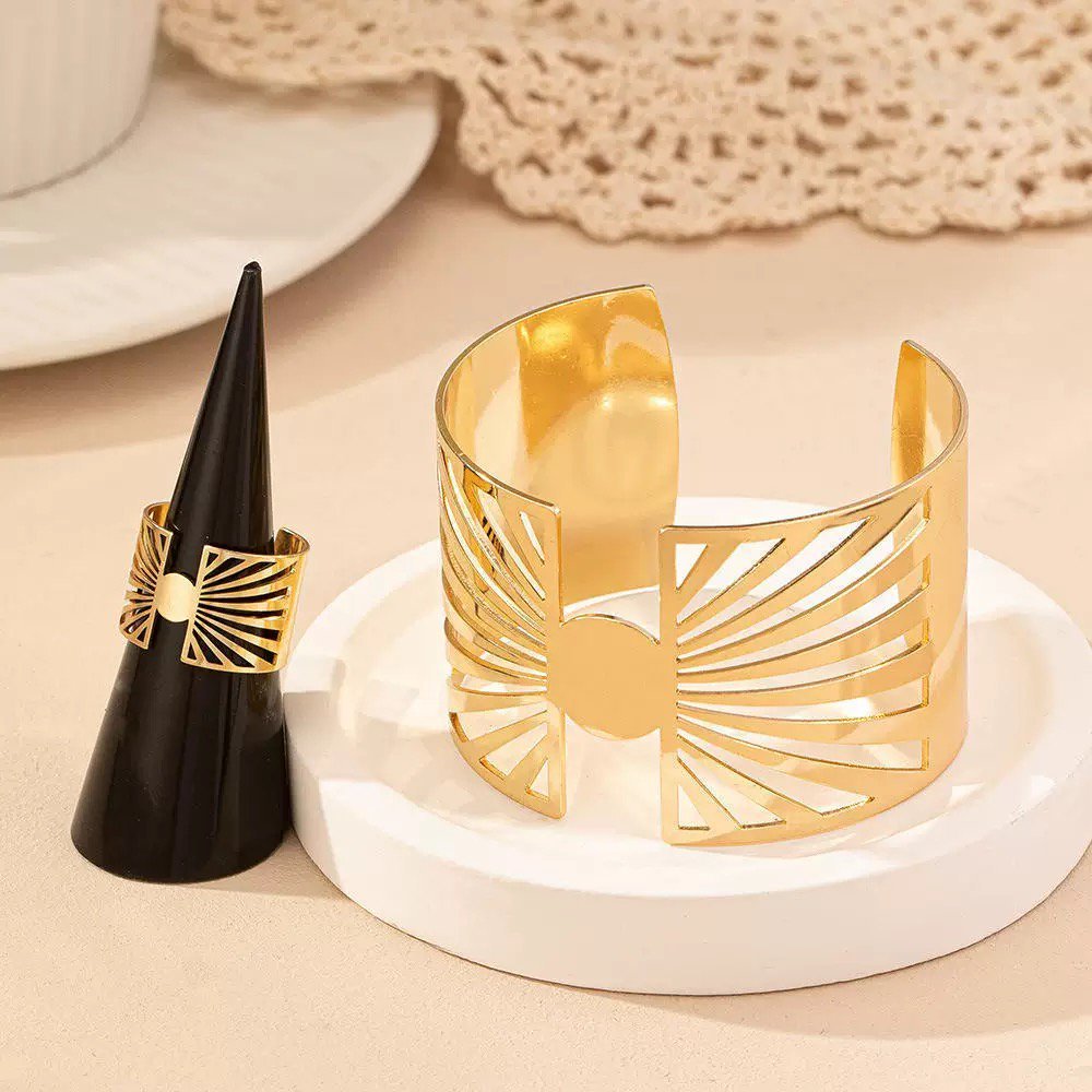 14K Gold Plated Golden Radiance  Adjustable Geometric Ring And Cuff Set