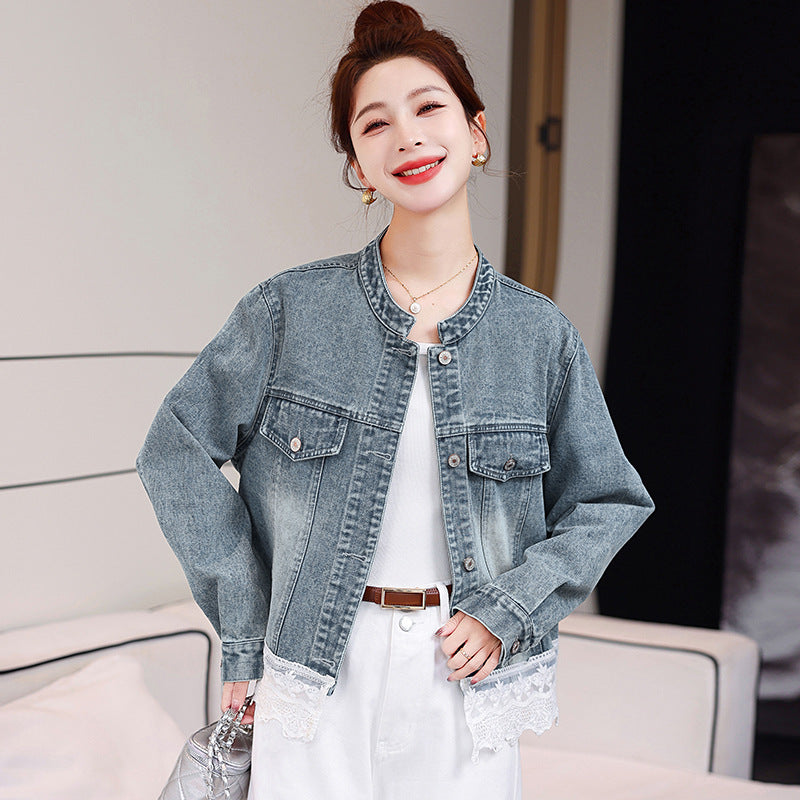 Denim Coat Female Lace Stitching Coat