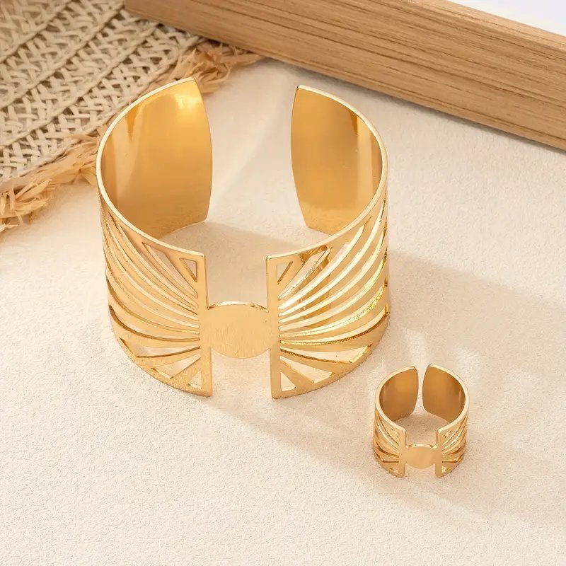 14K Gold Plated Golden Radiance  Adjustable Geometric Ring And Cuff Set