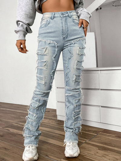 Women's Embroidered Straight-leg Pants Fashion I Stretch Patchwork Jeans