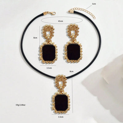 Elegant 14K Gold Plated Black Onyx Statement  Jewelry Set - Necklace And Earrings