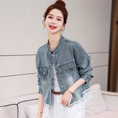 Denim Coat Female Lace Stitching Coat