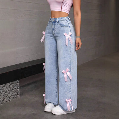 Bowknot Collage Washed Jeans Loose Straight-leg Wide-leg Pants