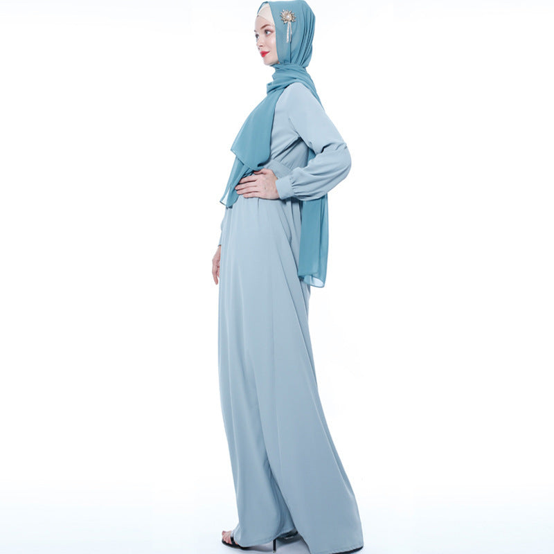 Basic Solid Color Dress Muslim Women National Wind Long Skirt Summer Long Sleeves