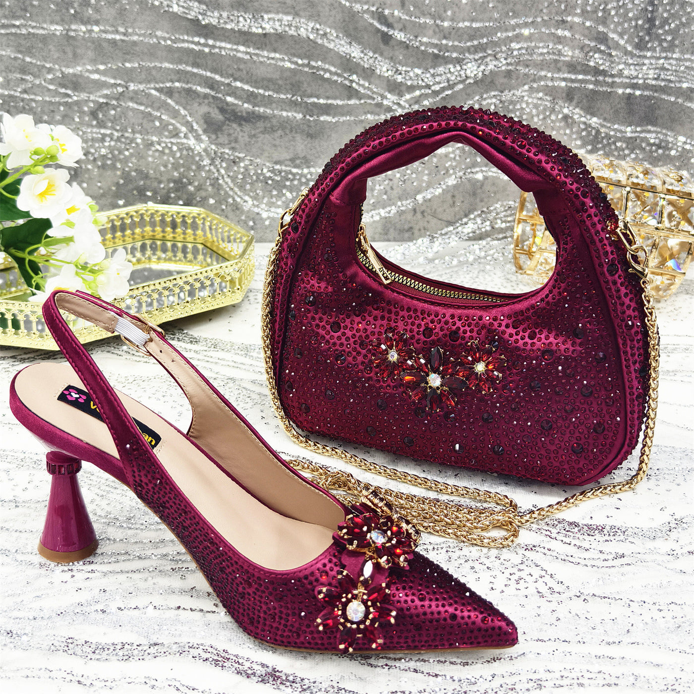 Pointed Toe High Heel Rhinestone Flower Shoes With Handbag Soft