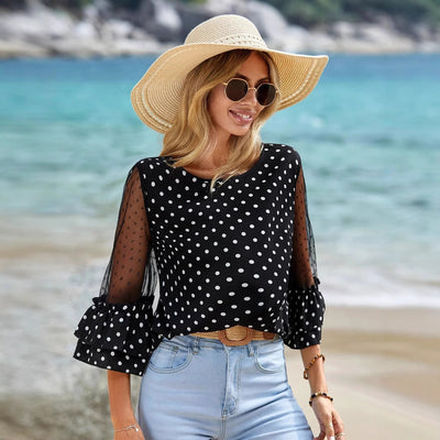 European And American Loose Casual Bell Sleeve Polka Dot Lace Patchwork Round Neck Top