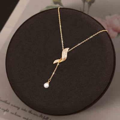 Full Diamond Geometric Tassel Pearl Necklace Clavicle Chain