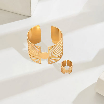 14K Gold Plated Golden Radiance  Adjustable Geometric Ring And Cuff Set