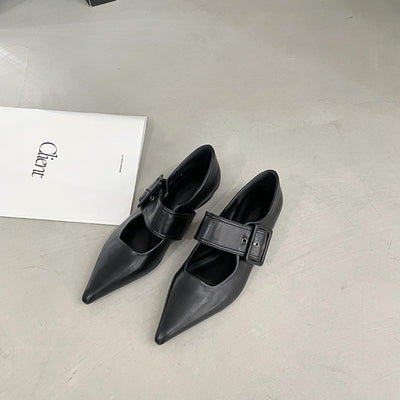 Flat Pumps French Vintage Mary Jane Pointed Leather Shoes