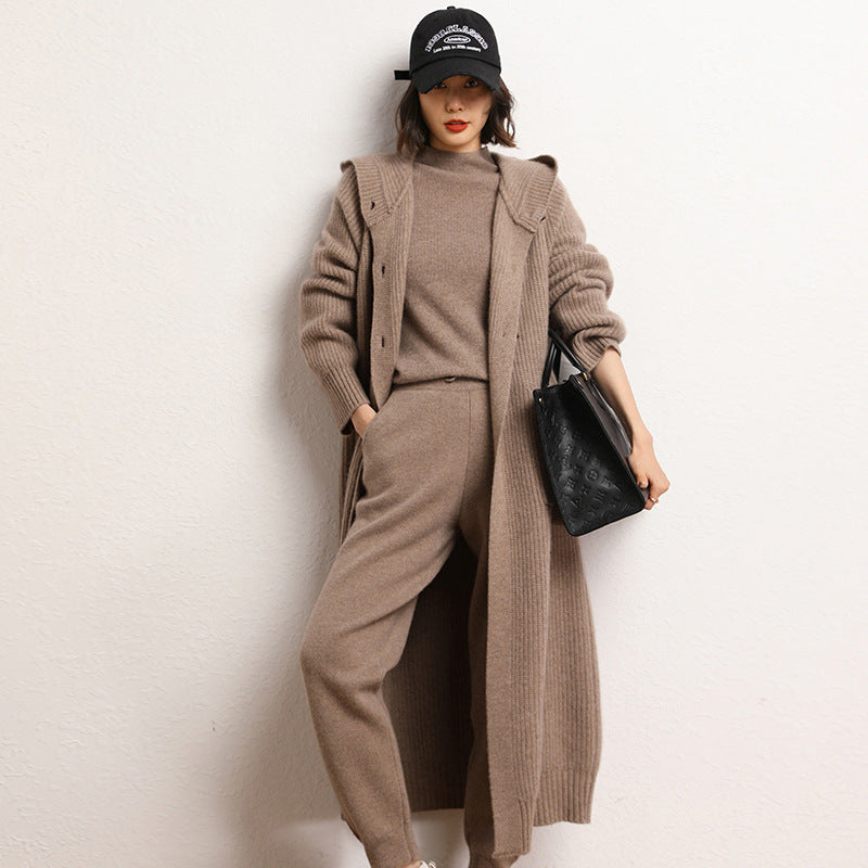 Long Below Knee Thickening Hooded Sweater Horn Button Trench Coat