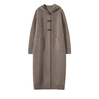 Long Below Knee Thickening Hooded Sweater Horn Button Trench Coat