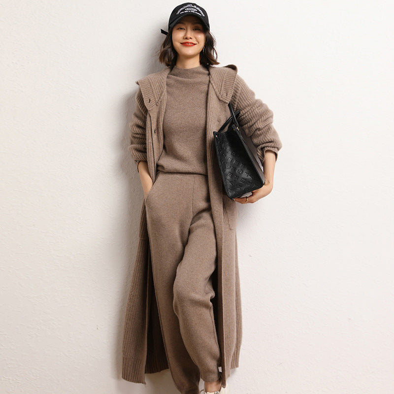 Long Below Knee Thickening Hooded Sweater Horn Button Trench Coat