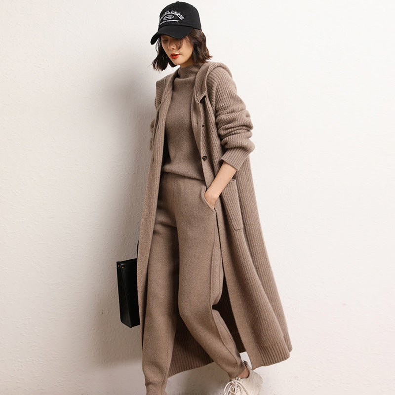 Long Below Knee Thickening Hooded Sweater Horn Button Trench Coat