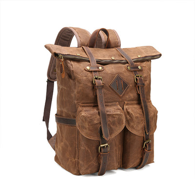 Retro Waterproof Crazy Horse Leather Canvas Large Capacity Backpack