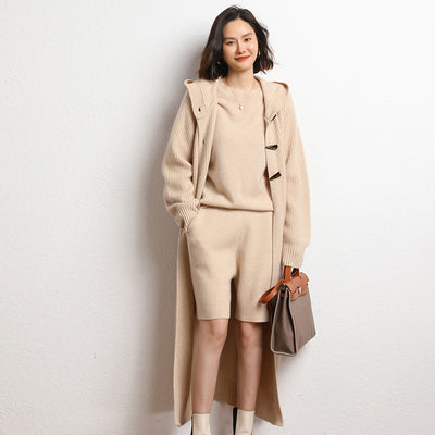 Long Below Knee Thickening Hooded Sweater Horn Button Trench Coat