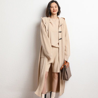 Long Below Knee Thickening Hooded Sweater Horn Button Trench Coat