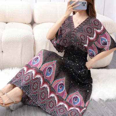 Retro Bohemian V-Neck Swing Maxi Dress