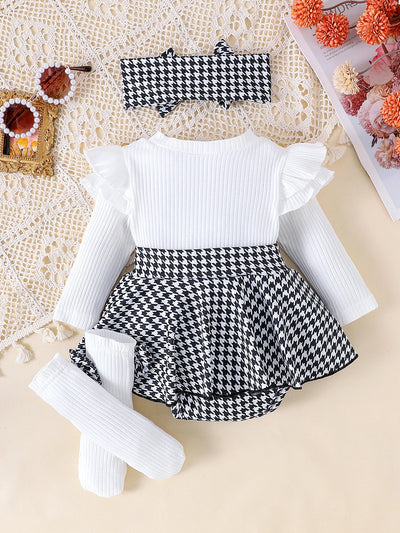 Baby Girls Aged 0-1 Years Old Have Comfortable Sweet And Cute Black Top + Houndstooth Skirt + Hair Band