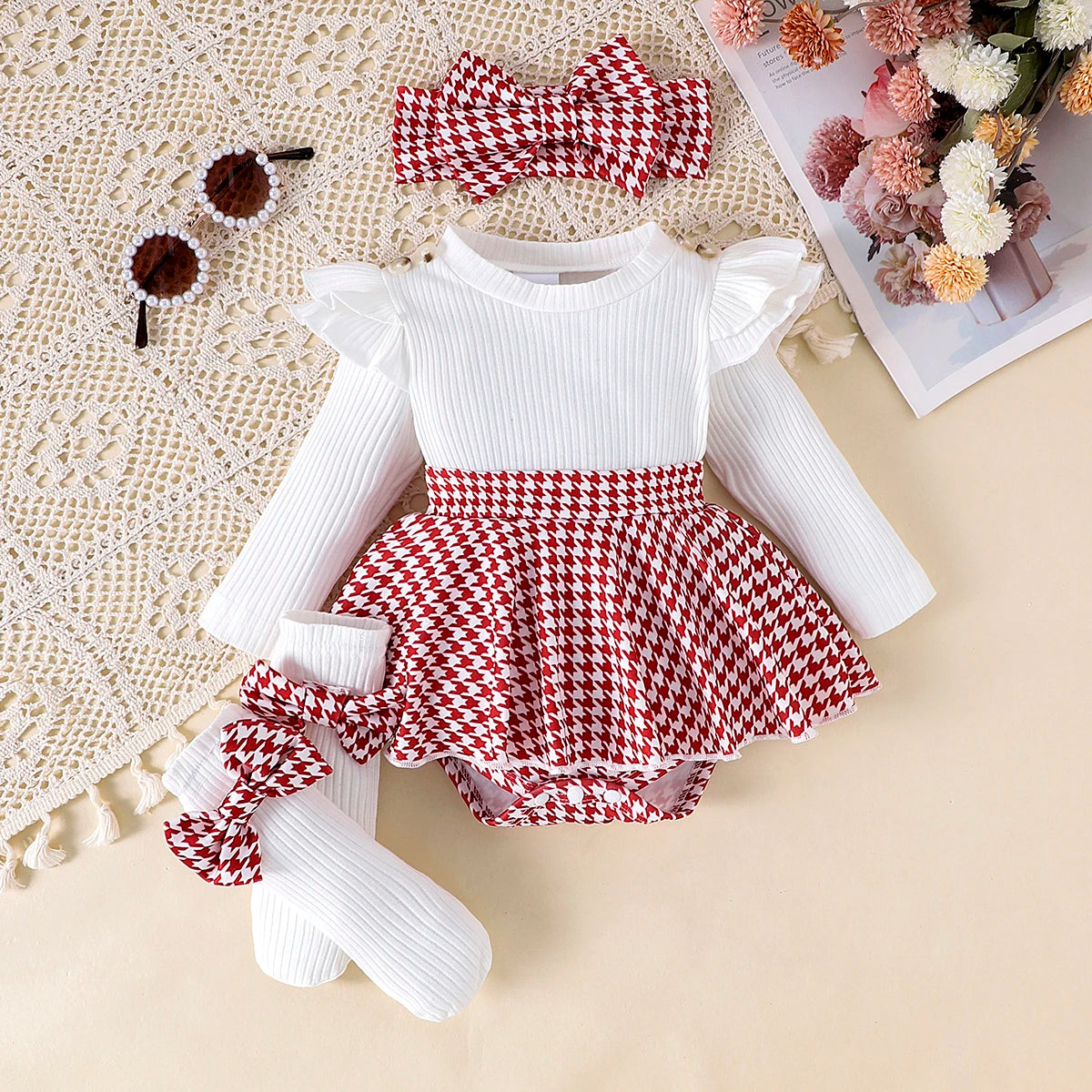 Baby Girls Aged 0-1 Years Old Have Comfortable Sweet And Cute Black Top + Houndstooth Skirt + Hair Band