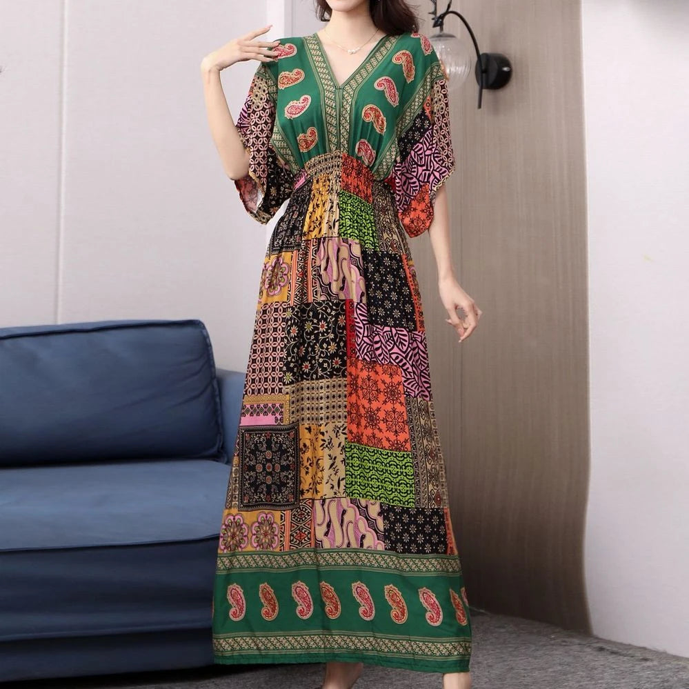 Retro Bohemian V-Neck Swing Maxi Dress