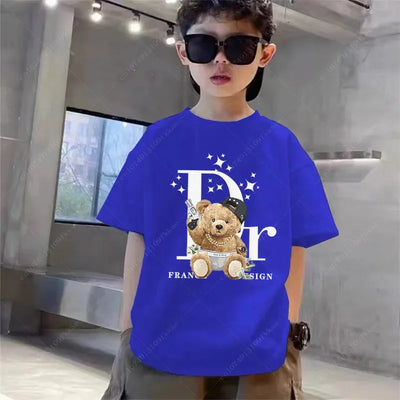 2024 Vintage Bear Print Kids Hoodie & Tee Set - Casual Kawaii Style