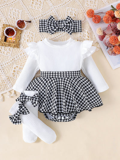 Baby Girls Aged 0-1 Years Old Have Comfortable Sweet And Cute Black Top + Houndstooth Skirt + Hair Band