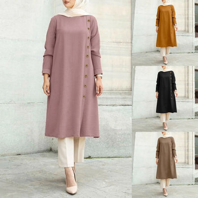 Arab Muslim Women's Long Sleeve Loose Blouse Dress - Casual Tunic Tops in Solid Colors.