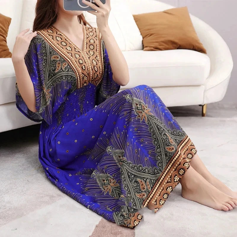 Retro Bohemian V-Neck Swing Maxi Dress