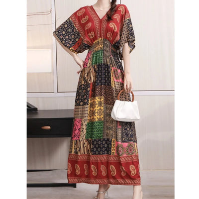 Retro Bohemian V-Neck Swing Maxi Dress