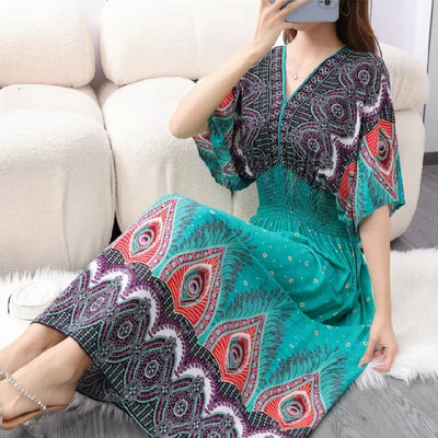 Retro Bohemian V-Neck Swing Maxi Dress