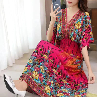 Retro Bohemian V-Neck Swing Maxi Dress