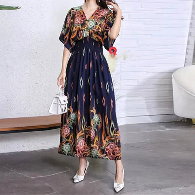 Retro Bohemian V-Neck Swing Maxi Dress