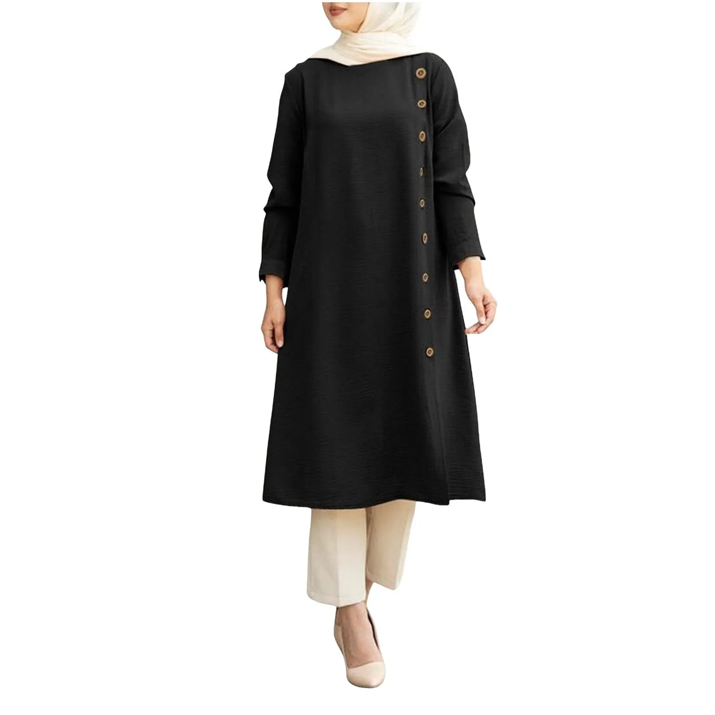 Arab Muslim Women's Long Sleeve Loose Blouse Dress - Casual Tunic Tops in Solid Colors.